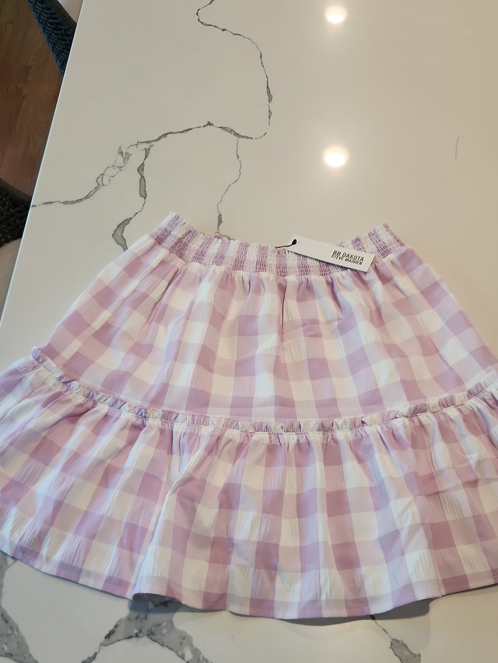 NWT, BB Dakota Lilac Gingham Tiered Mini Skirt